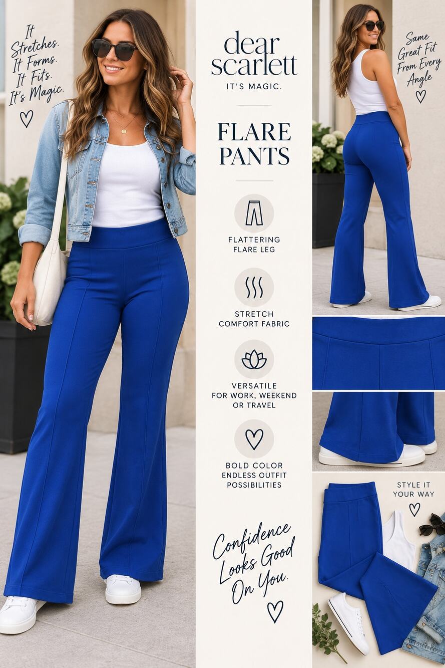 Dear Scarlett It’s Magic Flare Pants L Cobalt Blue Stretch Pull On NWT